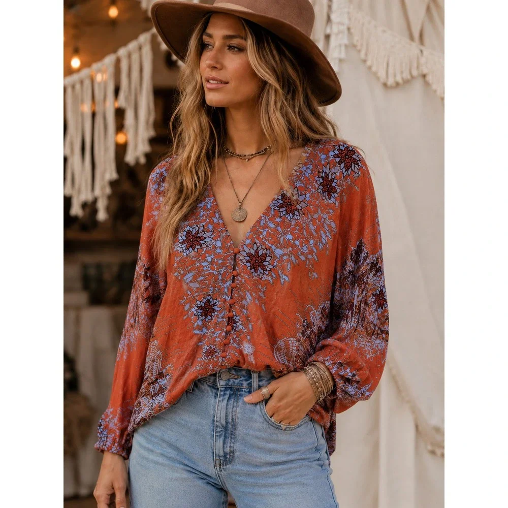 Free People Pumpkin Orange Blue Birds of a Feather Top Blouse L Oversized Boho